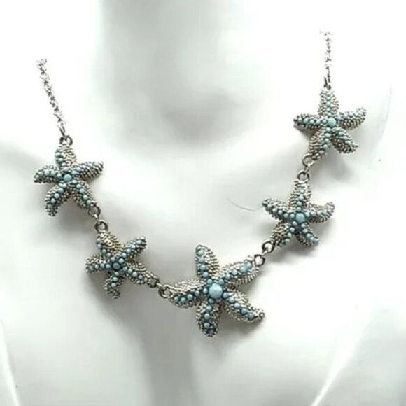 Starfish Blue Stone Silver-tone Necklace 18-21" - Picture 1 of 7